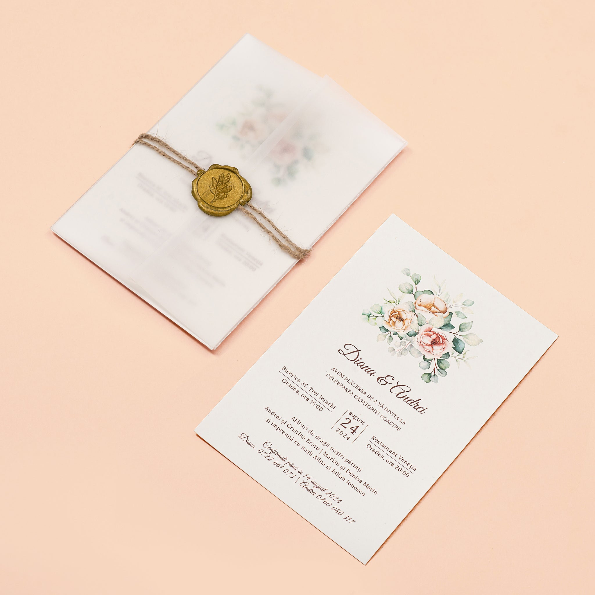 Sigillum rosa, invitație nuntă, handmade